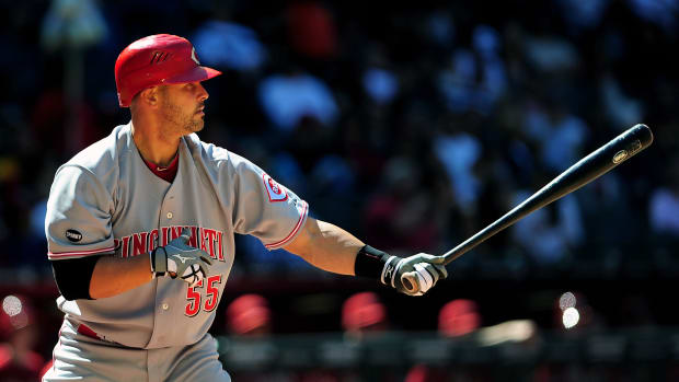 Apr. 10 2011; Phoenix, AZ, USA; Cincinnati Reds catcher Ramon Hernandez (55) reacts at bat against the Arizona Diamondbacks at Chase Field. Mandatory Credit: Jennifer Stewart-USA TODAY Sports  